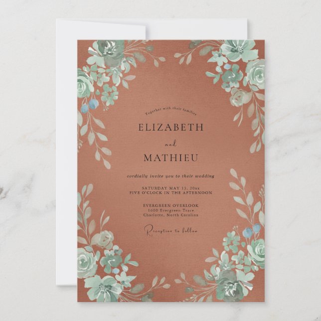 Terracotta Mint Petal Wedding Invitation (Front)