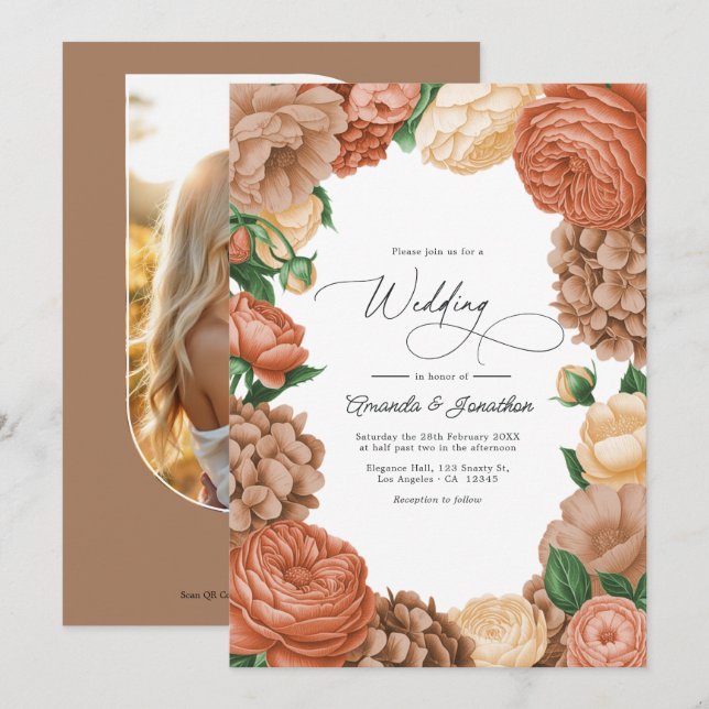 Terracotta, Mocha & Champagne Floral Wedding Invitation (Front/Back)