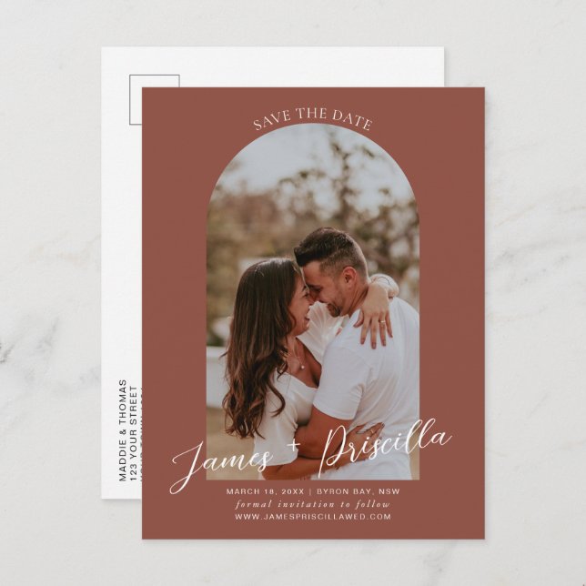 Terracotta modern arch photo wedding invitation postcard (Front/Back)