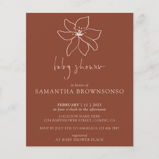 Terracotta Modern Botanical Budget Baby Shower Flyer (Front)