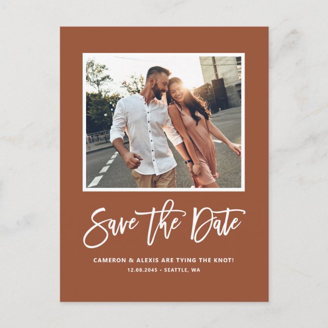 Terracotta Modern Calligraphy Photo Save the Date Postcard (Front)