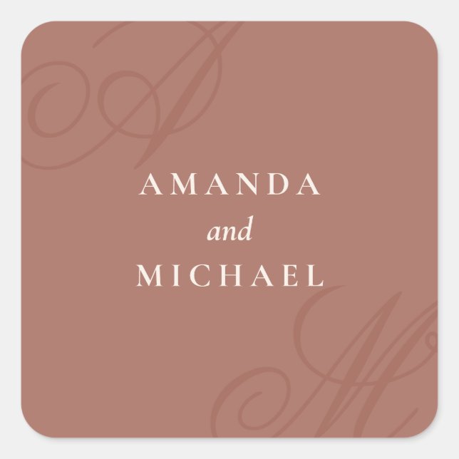 Terracotta Modern Edge Elegant Monogram Wedding Square Sticker (Front)