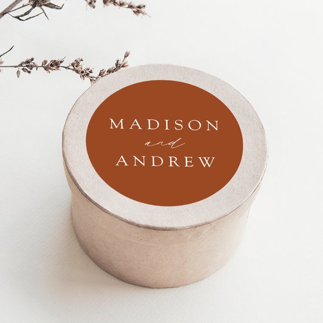 Terracotta Modern Elegance Personalised Wedding Classic Round Sticker (Creator Uploaded)