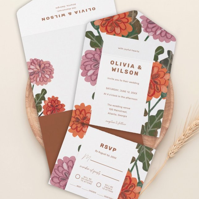 Terracotta modern floral earth tone wedding all in one invitation (Creator Uploaded)