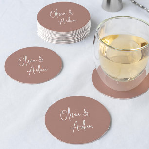 Terracotta   Modern Handwritten Script Wedding Round Paper Coaster