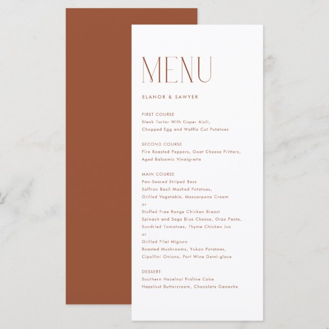 Terracotta Modern Minimalist Typography Wedding Menu (Front/Back)