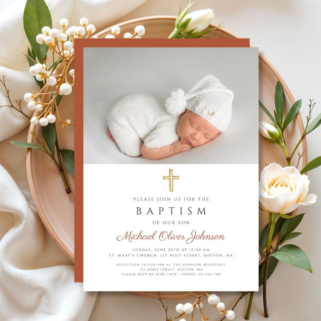 Terracotta Modern Religious Cross Photo Baptism Invitation (Terracotta Modern Religious Cross Photo Baptism Invitation)