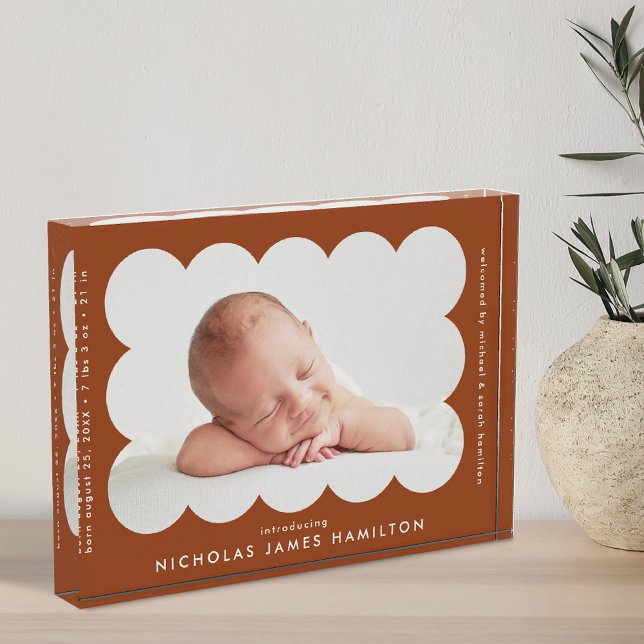 Terracotta Modern Scalloped Birth Announcement Photo Block (Creator Uploaded)