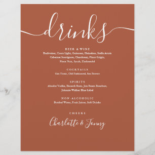 Terracotta Modern Script Wedding Drinks Menu