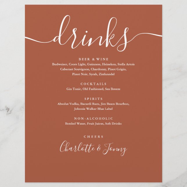 Terracotta Modern Script Wedding Drinks Menu (Front)