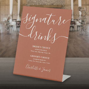 Terracotta Modern Script Wedding Signature Drinks Pedestal Sign