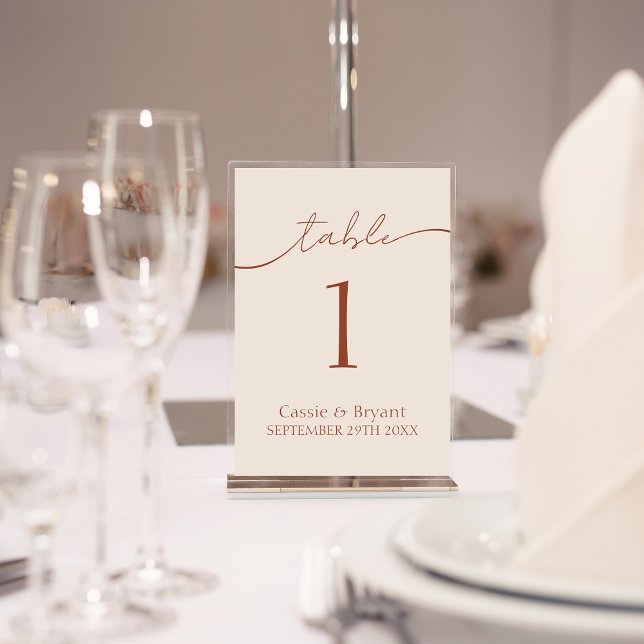 Terracotta Modern Script Wedding Table Number (Elegant Terracotta Wedding Table Number Cards in Floating Frame)