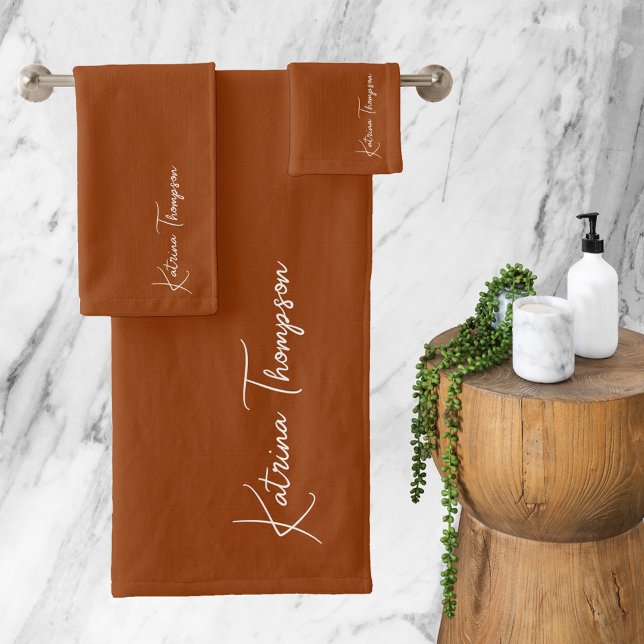 Terracotta Modern Signature Script Monogram  Bath Towel Set (Creator Uploaded)