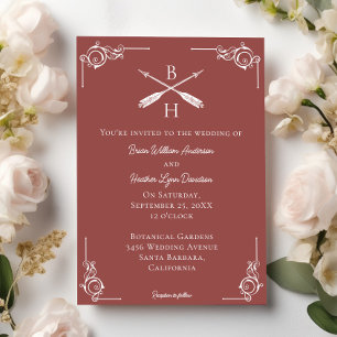 Terracotta Monogram and Arrows Wedding Invitation