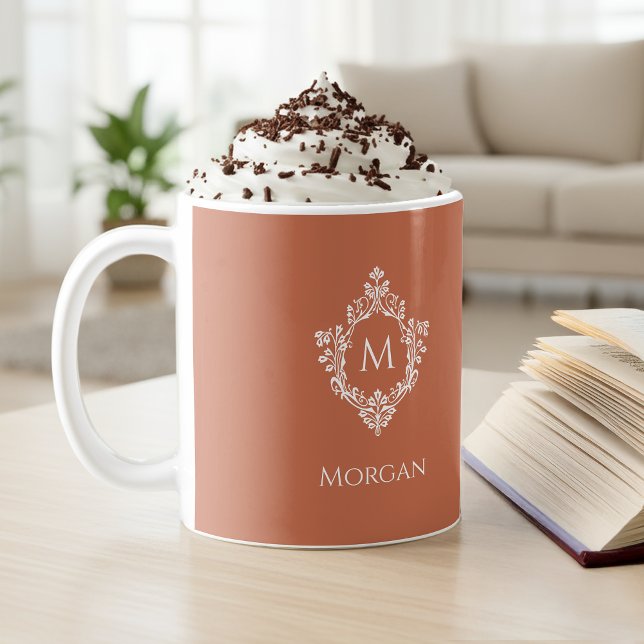 Terracotta Monogram Elegant Vintage Crest & Name Coffee Mug (Creator Uploaded)