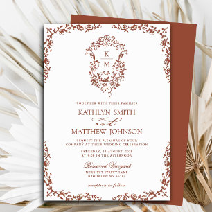 Terracotta Monogram Floral Vintage Crest Wedding Invitation