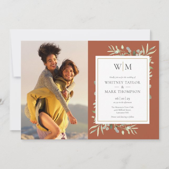 Terracotta Monogram Greenery Photo Wedding Invitation (Front)