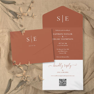 Terracotta Monogram Minimalist QR Code Wedding All In One Invitation