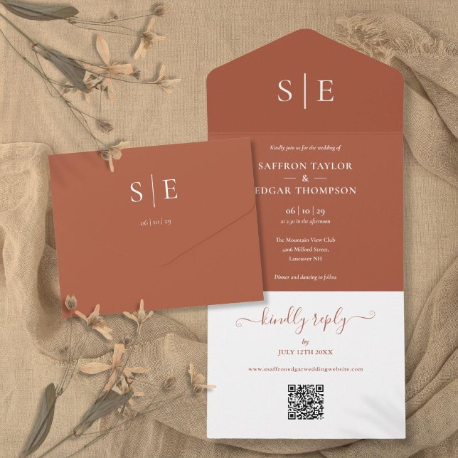 Terracotta Monogram Minimalist QR Code Wedding All In One Invitation (Terracotta Monogram Minimalist QR Code Wedding All In One Invitation)