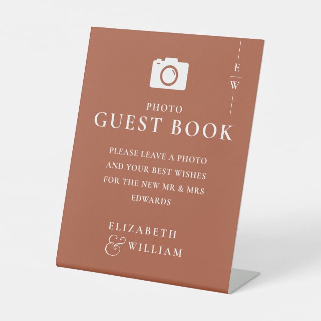 Terracotta Monogram Photo Guest Book Wedding Pedestal Sign (Front)