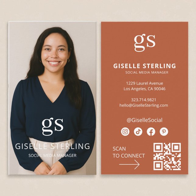 Terracotta Monogram Photo Social Media QR Code Business Card (Creator Uploaded)