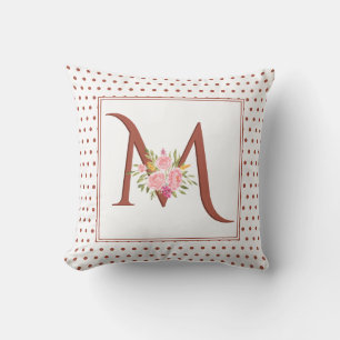 Terracotta monogram, roses and polka dots cushion