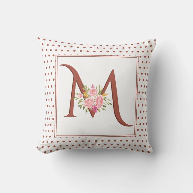 Terracotta monogram, roses and polka dots  cushion (Front)