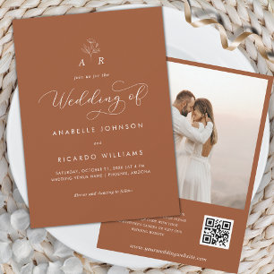 Terracotta Monogram Script Photo QR Code Wedding Invitation