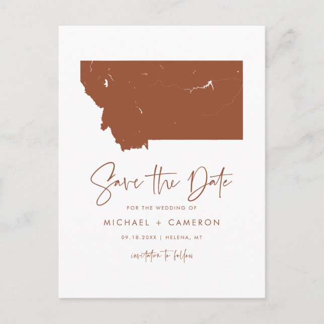 Terracotta Montana Map Modern Script Save the Date Announcement Postcard (Front)