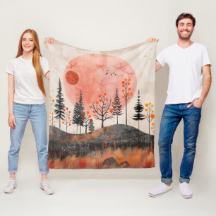 Terracotta Moon Copper Autumn Folk Forest Art Fleece Blanket
