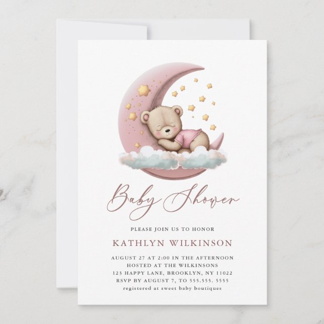 Terracotta Moon Pink Teddy Bear Girl Baby Shower Invitation (Front)