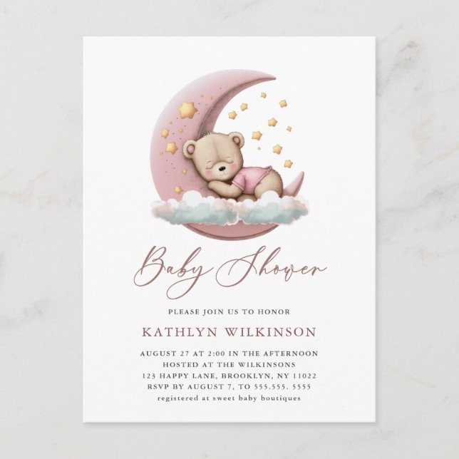 Terracotta Moon Pink Teddy Bear Girl Baby Shower Invitation Postcard (Front)