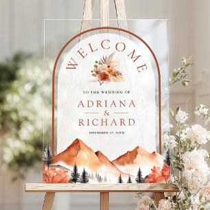 Terracotta Mountain Forest Arch Wedding Welcome Acrylic Sign