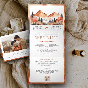 Terracotta Mountain Forest Photo QR Code Wedding Tri-Fold Invitation