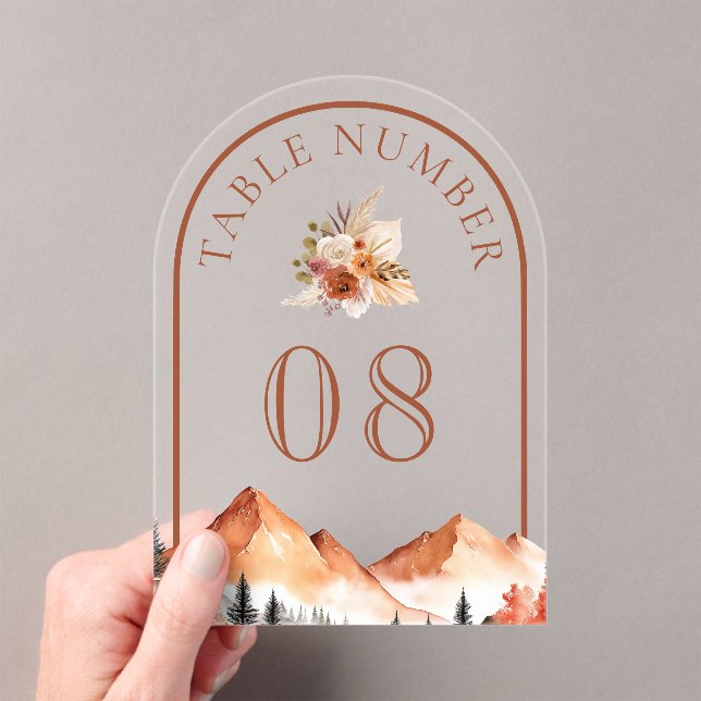 Terracotta Mountain Wedding Acrylic Table Number (Insitu (Handheld))