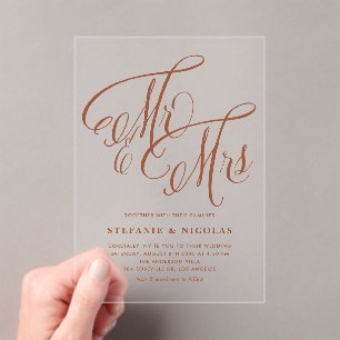 Terracotta Mr and Mrs Rustic Calligraphy Wedding  Acrylic Invitations