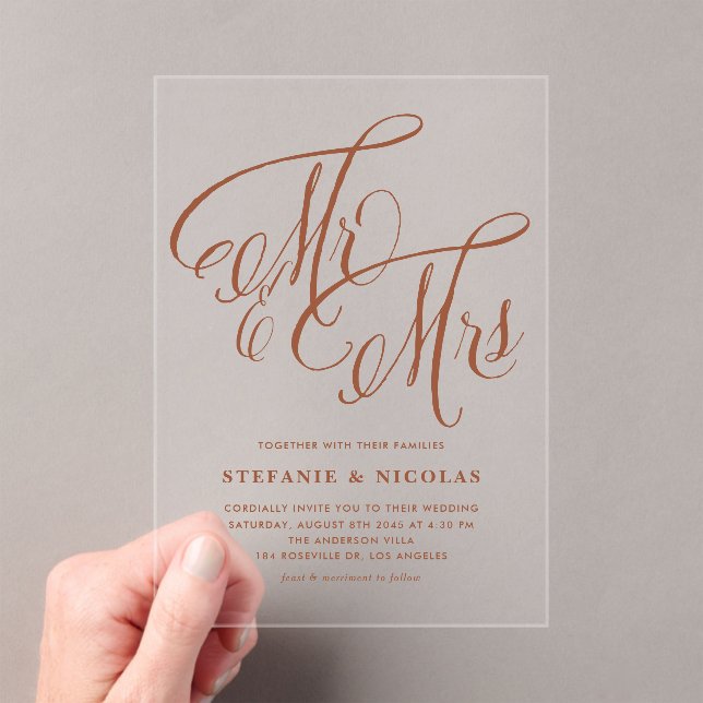 Terracotta Mr and Mrs Rustic Calligraphy Wedding  Acrylic Invitations (Insitu (Handheld))
