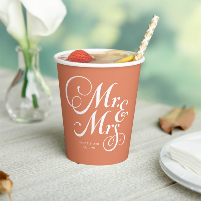 Terracotta Mr. & Mrs. personalised rustic wedding Paper Cups (Insitu)