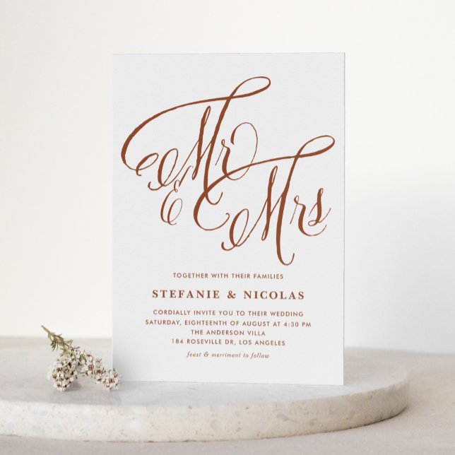 Terracotta Mr & Mrs Rustic Script QR Code Wedding Invitation Postcard (Terracotta Mr & Mrs Rustic Script QR Code Wedding Invitation Postcard)