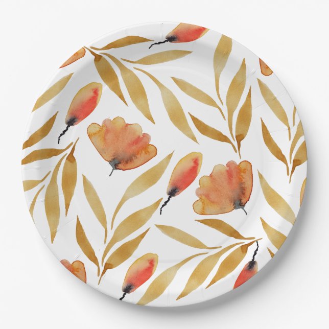 Terracotta Mustard Yellow Floral Paper Plate (Front)