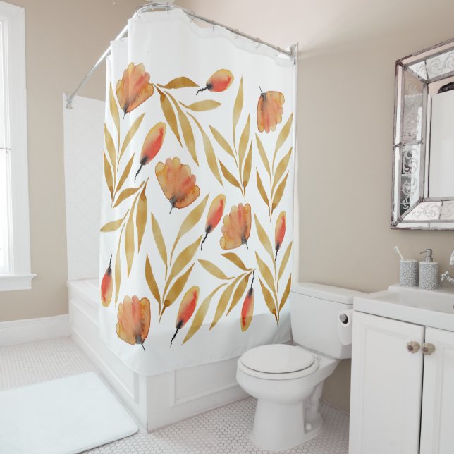 Terracotta Mustard Yellow Floral Shower Curtain (In Situ)