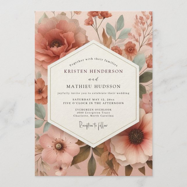 Terracotta Muted Blossom Wedding Invitation (Front)
