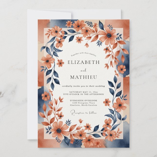 Terracotta Navy Artistic Autumn Wedding Invitation (Front)