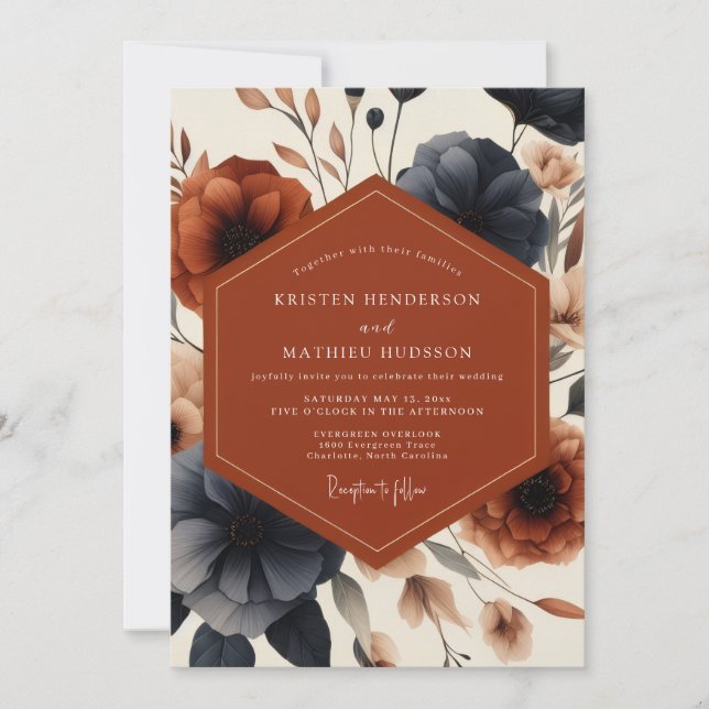 Terracotta Navy Bloom Autumn Wedding Invitation (Front)