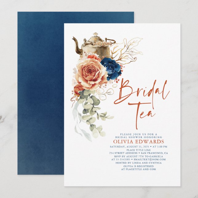Terracotta Navy Blue Boho Bridal Shower Tea Party Invitation (Front/Back)