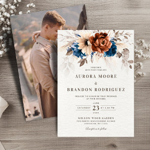 Terracotta Navy Blue  Botanical Photo Wedding Invitation