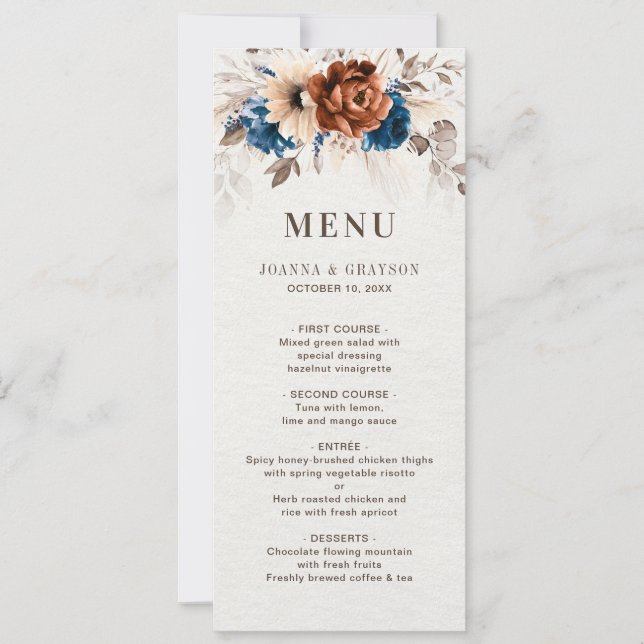 Terracotta Navy Blue  Botanical Wedding Menu Card (Front)