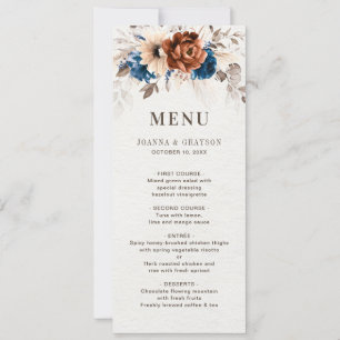Terracotta Navy Blue  Botanical Wedding Menu Card