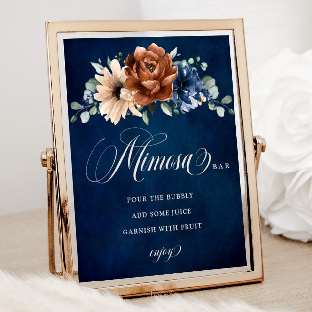 Terracotta Navy Blue Bridal Shower Mimosa Bar Sign (Mimosa bar bridal shower sign with terracotta and navy blue flowers)
