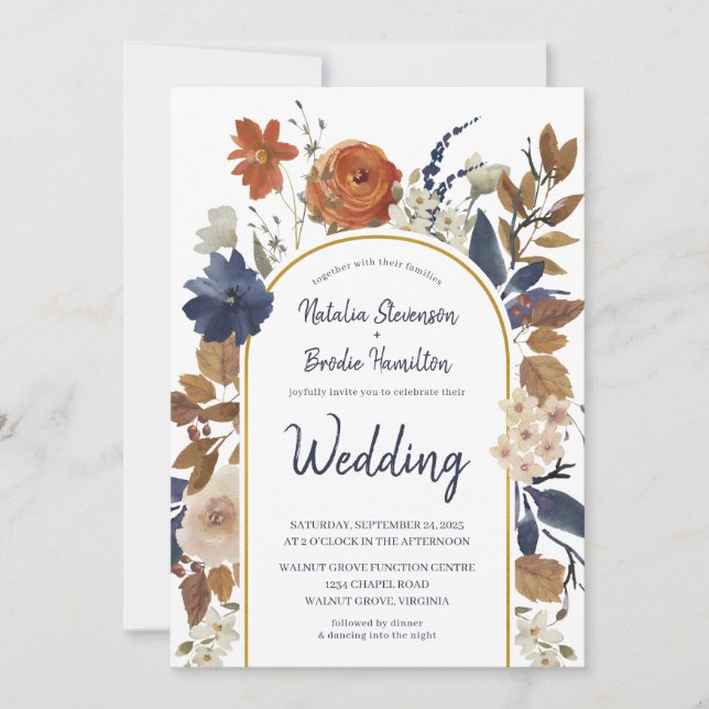 Terracotta Navy Blue Floral Boho Wedding Invitation (Front)